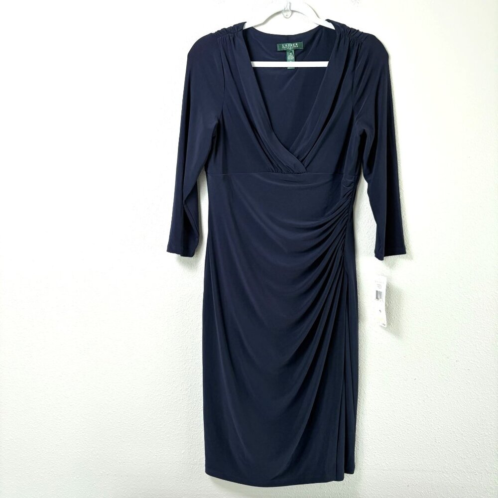 Lauren Ralph Lauren Faux Wrap Ruched Dress Size 10 Navy 3/4 Sleeve Bodycon NWT